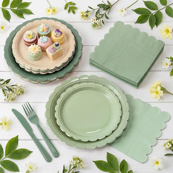 200pcs Sage Green Plates and Napkins Tableware Set Serve 50 Guests Includes Scalloped 9" 7" Paper Dessert Dinner Plate Green Series Napkins for Spring Birthday Wedding Baby Shower Tea Party