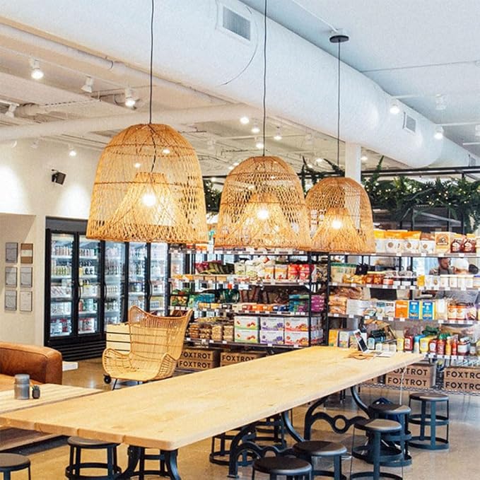 17.7" Hollow Rattan Hanging Lights Woven Wicker Lamp Shade French Romance Decor Pendant Light Bamboo Ceiling Pendant Fixture for Dining Room Living Room Restaurant Bar