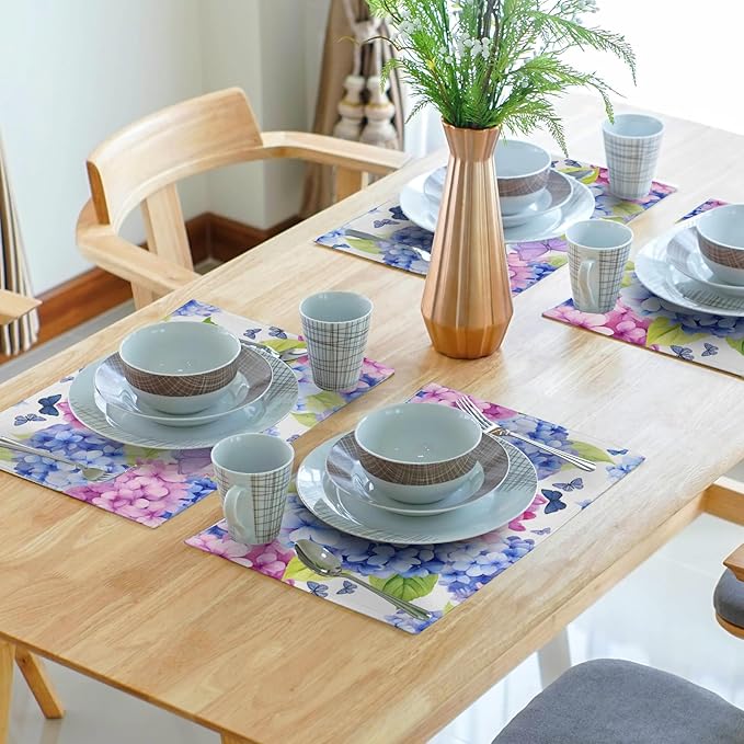 Hydrangea Placemats Set of 4 - Floral Place Mats 12 x 18 Inch Pink Purple Hydrangea Flower Table Mats Spring Summer Butterflies Placemats for Dining Kitchen Party Farmhouse