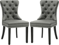 KCC Faux Leather Dining Chairs Set of 2, Upholstered High-end Tufted Dining Room Chair with Nailhead Back Ring Pull Trim Solid Wood Legs, Contemporary Nikki Collection Modern Style for Kitchen, Gray