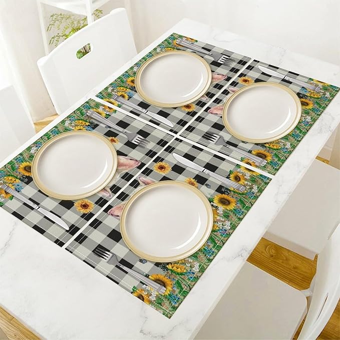 Rustic Pig Placemat Set, Vintage Farmhouse Cute Animal Sunflower Floral Black White Plaid Blue Bowknot Pattern Home Decor Table Mats for Dining Room Kitchen Party (17x12in) x4P