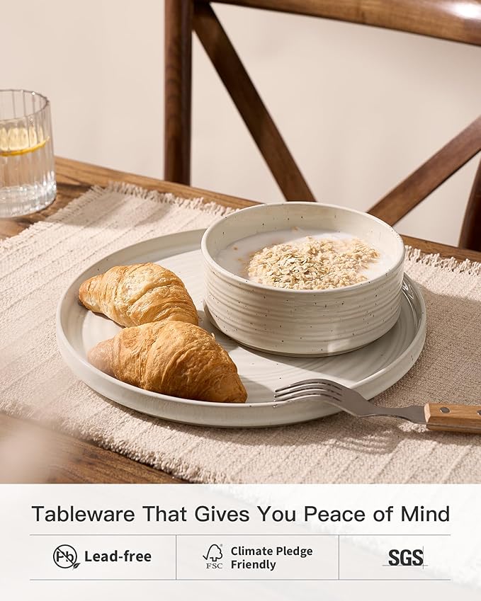 Stoneware Dinnerware Set, Highly Chip & Scratch Resistant Everyday Plates and Bowls for 8 (24pcs), Reactive Glaze Speckled Ceramic Straight Dishes with Gift Box, Microwave Dishwasher Safe, Shell Beige