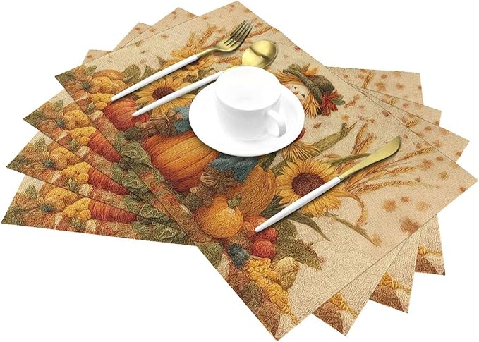 Thanksgiving Scarecrow Placemats Set of 4 Washable Table Place Mats for Dining Kitchen Party Decor