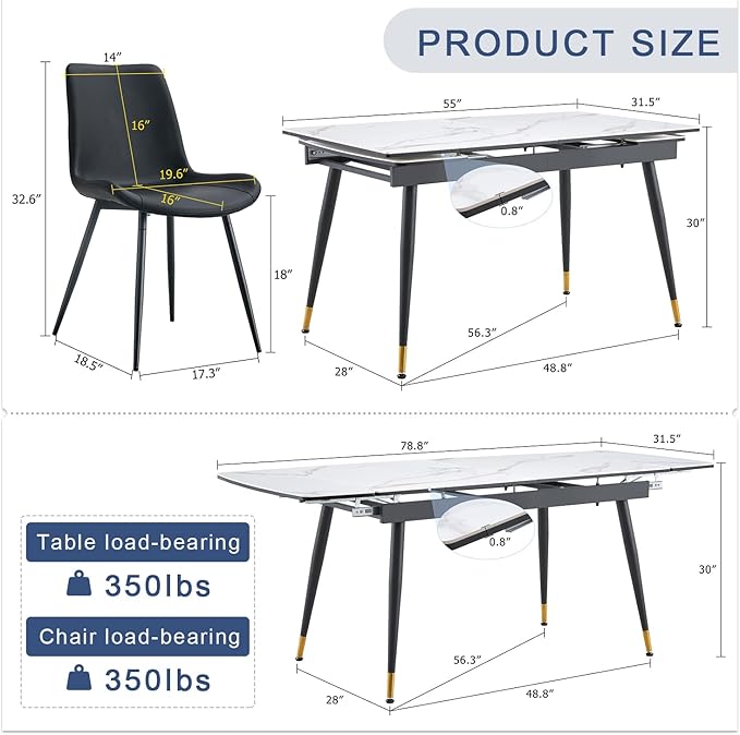 Extendable Dining Table Set for 8, 55'' to 78.8'' Rectangular Thickened Sintered Stone Kitchen Table with 8 Upholstered Chairs, Modern Space Saving 9-Piece Dinner Table Set