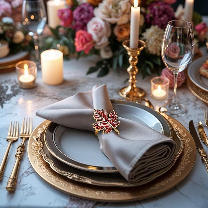 Decozen Set of 8 Red Gold Napkin Rings in Leaf Design, Festive, Table Decor Setting for Holiday, Wedding, Birthday, Kitchen, Home Decor, Housewarming Gift - Thanksgiving & Christmas Gift Decoration