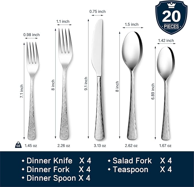 KINGSTONE Hammered Silverware Set, 20-Piece Flatware Set, 18/10 Stainless Steel Premium Cutlery with Unique Ripple Handles Design Mirror Polished - Dishwasher Safe