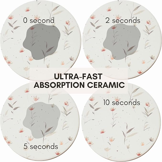 Ceramic Absorbent Coasters Set of 6 with Holder, Marble Drink Coasters for Coffee Table, Water-Absorbing Stone Coasters (Flowers Floral Design)