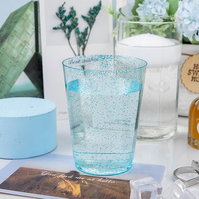 DaYammi 100 Pack 10 oz Blue Plastic Cups Disposable Cups Tumblers, Elegant Blue Glitter Party Drinking Cup Perfect for Wedding, Fancy Disposable Cups Plastic Cocktail Glasses Wine Glasses for Party