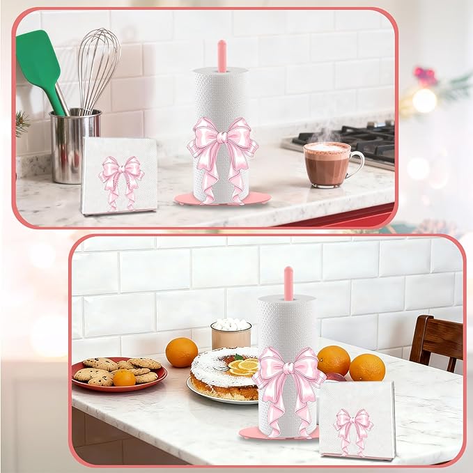 Pink Bow Paper Towel Holder, Pink Countertop Kitchen Decor Indoor with Round Base, Bows Lover Gifts, Iron Bow Napkin Holder Stand Accessories for Bathroom Kitchen Dining, 2 PCS