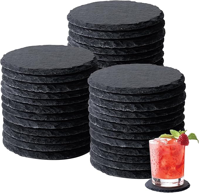 Slate Coasters Set of 36,4-Inch Black Round Stone Drink Coasters with Scratch-Resistant Backing, Durable Tabletop Protection for Home Office Kitchen, Ideal Housewarming Wedding Gifts