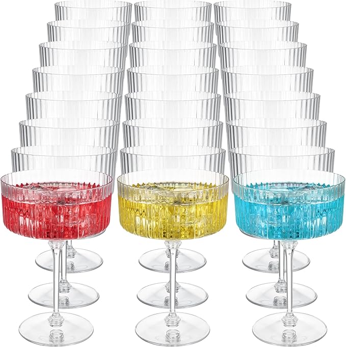 24 Pcs Ribbed Martini Glasses 10 oz Disposable Plastic Vintage Ribbed Coupe Glasses Unbreakable Dessert Parfait Glassware for Wedding Birthday Party Supplies (Clear)
