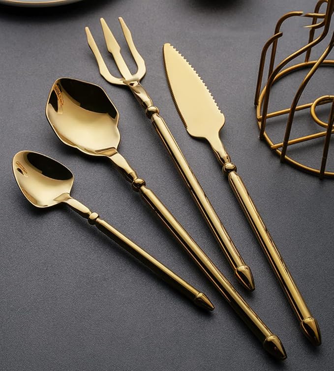 Gold Silverware Set for 6 Durable 18/10 Stainless Steel Flatware Set Creative Styles 24 Piece Modern Cutlery Tableware Utensils Set for Home Kitchen Wedding Restaurant Knives forks and Spoons