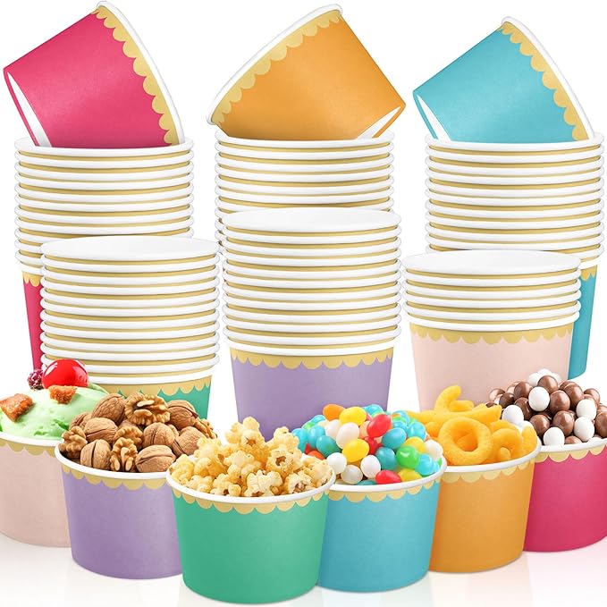 Zopeal 48 Pcs Colorful Disposable Ice Cream Bowls 9oz Candy Gradient Color Paper Snack Cups with Gold Scallop for Parties, Weddings, Baby Showers, Desserts, Yogurt, and Salads