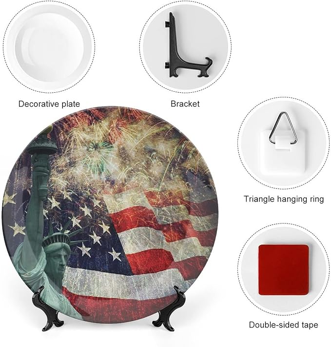 Decorative Plates, American Flag Print Ornament, Fireworks 4th of July, 7 Inch, 1 Plate with 1 Display Stand, Multicolor