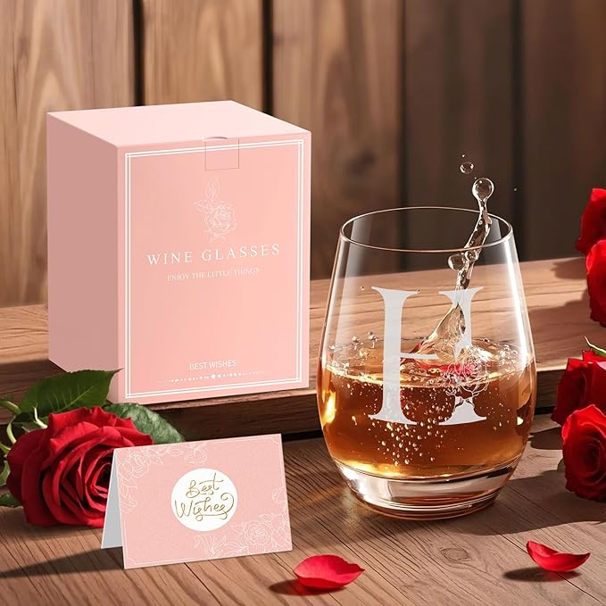 Valentines Day Gifts for Her, Gifts for Women Her Friend Mom Grandma Wife Sister Bridesmaid Nurse, Birthday Galentines Mothers Day Christmas, Personalized Initial Customized Wine Glasses 18OZ(H)