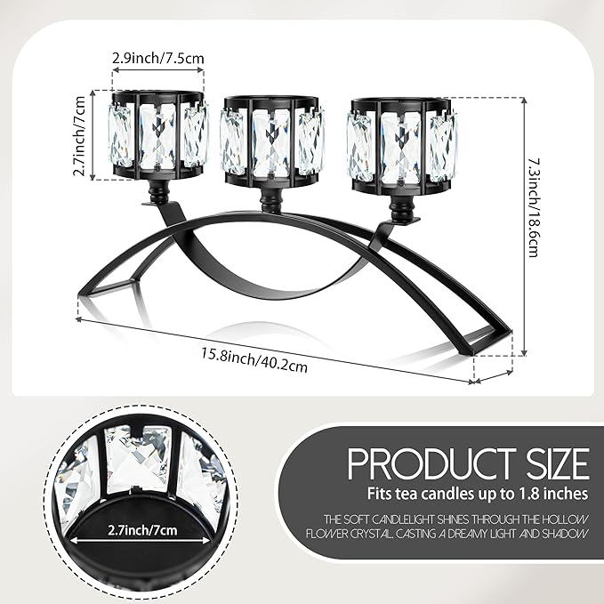 3 Arms Crystal Candle Holders, Arch Candlestick Table Candelabras Centerpieces for Wedding, Dinning Room, Cabinet Ornaments, Home Decoration， Gift (Black, 2 Pcs-3 Arm Arched)
