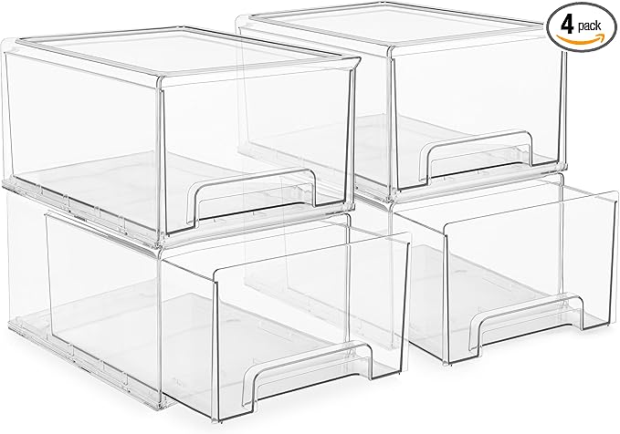 Sorbus Large Clear Stackable Storage Drawers – 4-Pack Plastic Organizer Bins with Handles – Stackable Pull-Out Storage Drawers for Closet, Pantry, Office, Bathroom, Craft, and Toy Organization