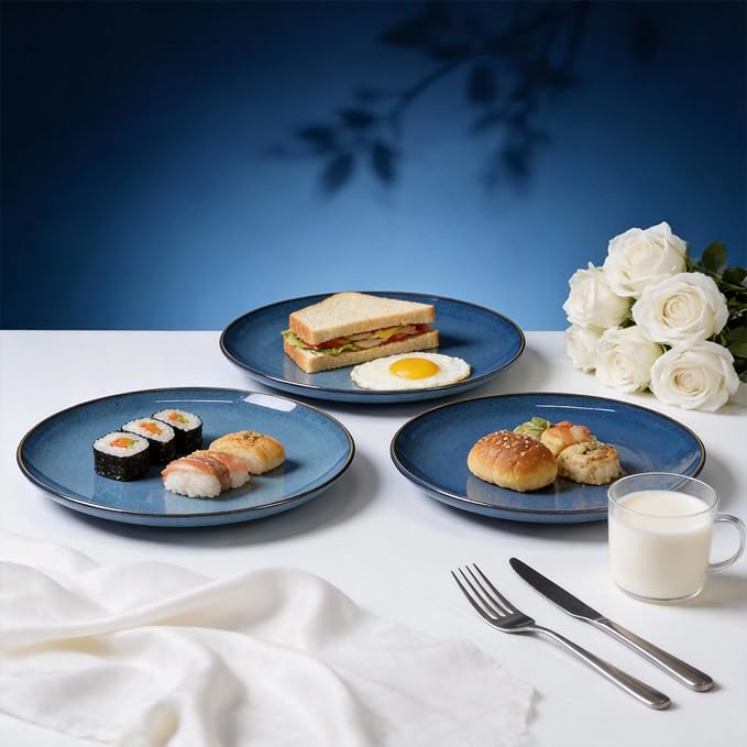 Organic Shape Highland Ceramic Dinner Plates, 12pcs 10.5 Inch Handmade Reactive Glaze Stoneware Plates with Wavy Edge, for Kitchen, Microwave & Dishwasher Safe, Scratch Resistant-Blue