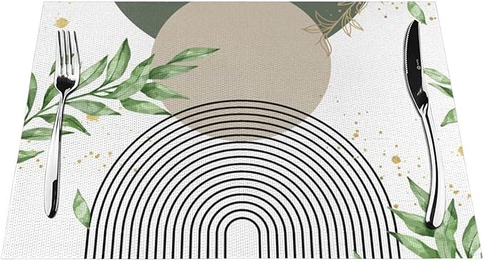 Boho Sage Green Placemats Abstract Bohemian Mid Century Modern Gold Leaves Plant Olive Grey Minimalist Washable Place Mats 12x18Inch for Dining Kitchen Farmhouse Decor 6 PCS