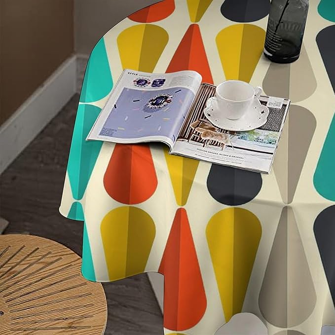 Vintage Bohemian Mid Century Round Tablecloth, Retro 50s 60s Geometric Pattern Print Tablecloth for Home Party Dining Room Kitchen Decor 50Inch(127cm)