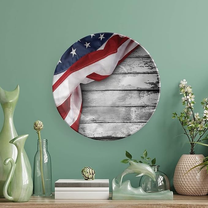 Ceramic Plates, American Flag Decorative Ceramic Plates, Flag on Wood Planks, 10 Inch, Household Plates Decorative, Multicolor