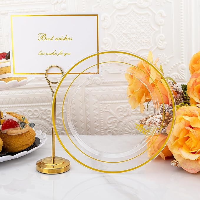DaYammi 240Pcs Dessert Plates Include 120Pcs Gold Cake Plates 6.3inch with 120Pcs Gold Plastic Forks 5.7inch,Clear gold plates Disposable Salad Plate for Party Appetizer Plate for Wedding Birthday