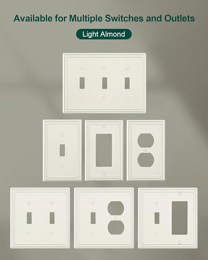 2-Pack Single Toggle Light Switch Cover Plate, Pearls Decorative Switch Plate Covers, Light Almond 1 Gang Metal Wall Plate, Corrosion Resistant