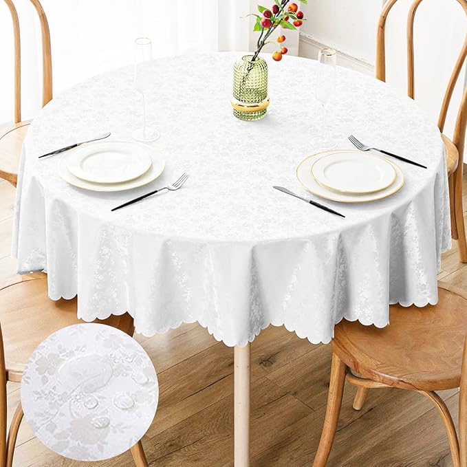 Smiry Round Table Cloth, Waterproof Heavy Duty Vinyl Tablecloths, Wipeable Washable Table Cover for Kitchen and Dining Room (White, 60" Round)