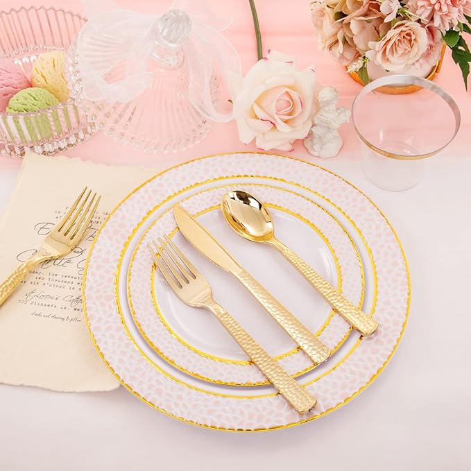 Ciaell 150PCS Pink Plastic Plates – Disposable Pink and Gold Plates Set include 50Plates, 25Forks, 25Knives, 25Spoons, 25Cups for Wedding & Party & Valentine's Day