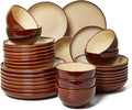 32 Piece Double Bowl Dinnerware Sets with Pasta Bowls, Highly Chip and Crack Resistant Plates and Bowls Sets, Natural Earthyware Ceramic Dishware Sets, Service for 8 Brown Yellow