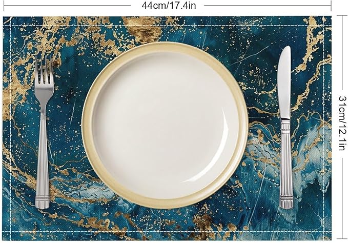 Marble Linen Placemats Set of 4 Modern Abstract Foil Stone Texture Royal Blue Gold Marble Washable Place Mats, Non Slip Placemat for Home Party Dining Tables Wedding Kitchen Banquets Decor 12x17 Inch