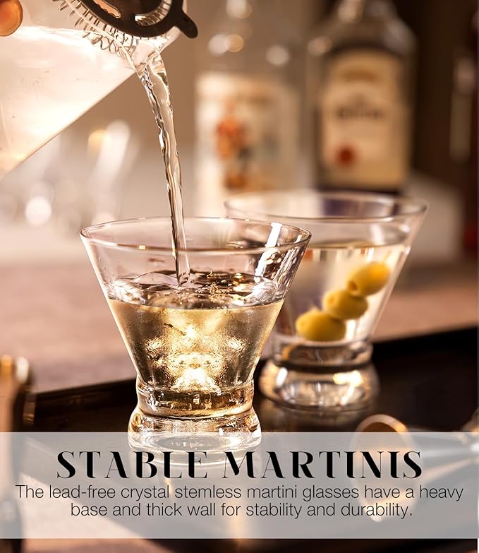 LUNA & MANTHA Martini Glasses Set of 12, Stemless Martini Cocktail Glasses for Margarita, Manhattan, Cosmopolitan, Home Bar, Evening Parties, Birthdays, Housewarming Gift, Crystal Clear 8 OZ