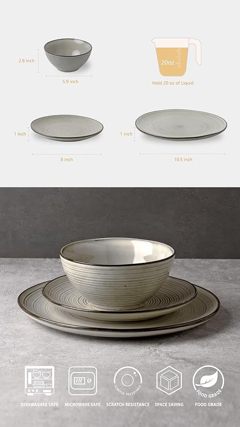 famiware Tempus Plates and Bowls Sets for 8, 24 Pieces Stoneware Dinnerware Sets, Dishes Set, Reactive Glaze Dishware Sets, Dishwasher & Microwave Safe - Castle Wall