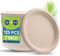 SNH Packing 100% Compostable Plates 7 Inch [125-Pack], Heavy Duty Dinner Paper Plates, Eco-Friendly Biodegradable Sugarcane Bagasse, Natural Brown Disposable Plates for Dessert, Party, BBQ & Picnic