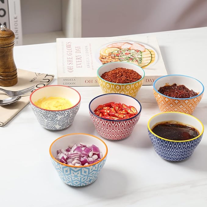 Selamica Ceramic 8oz Bouillon Cups 4 Inch Small Bowls, Dessert bowls for Soup Dipping Sauce Coffee Cupping, Microwave Dishwasher Safe, Set of 6, Assorted Colors