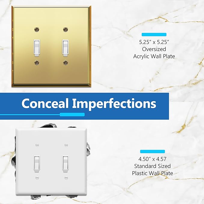 LIDER Reflective Acrylic Toggle Switch Wall Plate, Mirrored Double Light Switch Cover, Plexiglass Cover Plate, Acrylic Glass, Oversized 2-Gang 5.25" x 5.25", LWP-12O-AGD, Gold