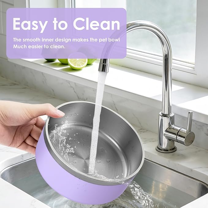 IKITCHEN Dog Bowl for Food and Water, 64 Oz Stainless Steel Pet Feeding Bowl, Durable Non-Skid Insulated Heavy Duty with Rubber Bottom for Medium Large Dogs (64 Ounces/8 Cup, Light Purple)