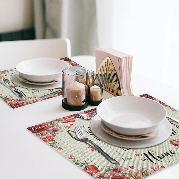 Retro Farmhouse Placemat Set, Romantic Pink Rose Floral Rural Plank Art Sketch Cutlery Knife Fork Inspirational Quotes Pattern Home Decor Linen Table Mats for Dining Room Kitchen Party (17x12in) x6P