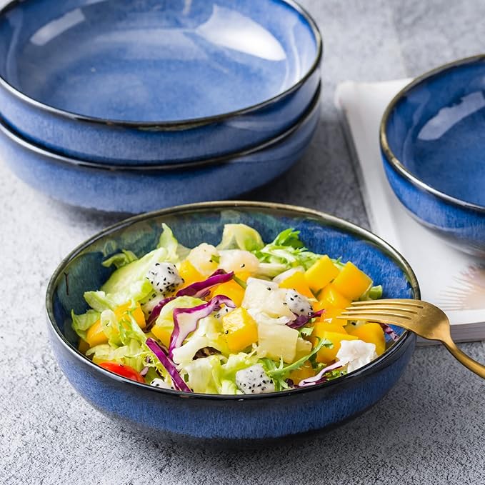 UNICASA Ceramic Pasta Bowls, Porcelain Salad Set of 4, 26 oz for Kitchen, Large Serving, Reactive Glaze Dish, Microwave and Dishwasher Safe, Blue
