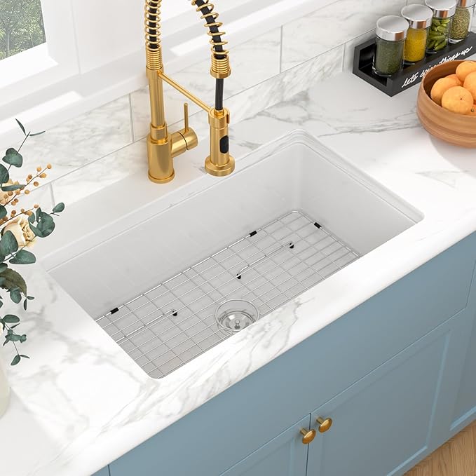Sarlai 32 Inch White Undermount Sink Fireclay 32x19 Inch White Kitchen Sink Dual Drop in & Undermount Kitchen Sink Single Bowl Deep Porcelain Ceramic Sink