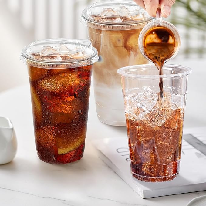 24 oz 50 Pack Clear Plastic Cups with Lids, Sturdy Iced Coffee Cups with Sip Lids, Disposable Food Safe Smoothie Cup for Cold Drinks, Juice, Milkshake