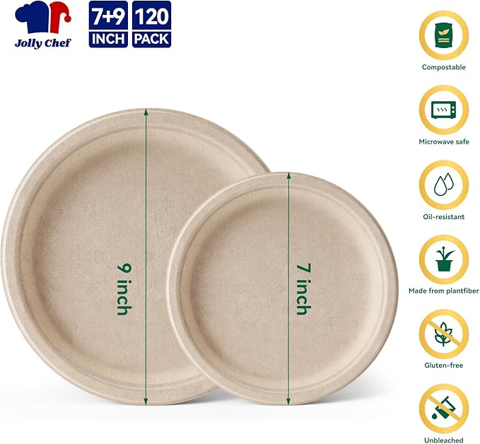 JOLLY CHEF Compostable Heavy Duty Plates 𝟳 𝗶𝗻𝗰𝗵 𝗮𝗻𝗱 𝟵 𝗶𝗻𝗰𝗵 [𝟭𝟮𝟬 𝗣𝗮𝗰𝗸] Eco-Friendly Disposable Paper Plates Bagasse Biodegradable Sugarcane for Party Hot Cold Foods Christmas(Brown)