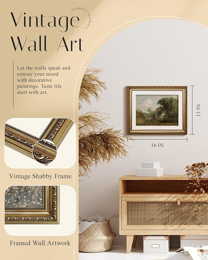 InSimSea Gold Picture Framed Wall Art, Living Room Vintage French Country Wall Decor, Nature Landscape Canvas Print Art, Home Farmhouse Decor, Antique Paintings with Frame 13x16inch