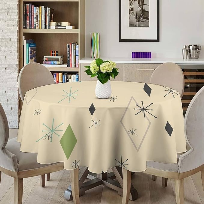 Colorful Middle Century Round Tablecloth, Vintage Bohemian Mid Century Modern Retro Print Tablecloth for Home Party Dining Room Kitchen Decor 50Inch(127cm)