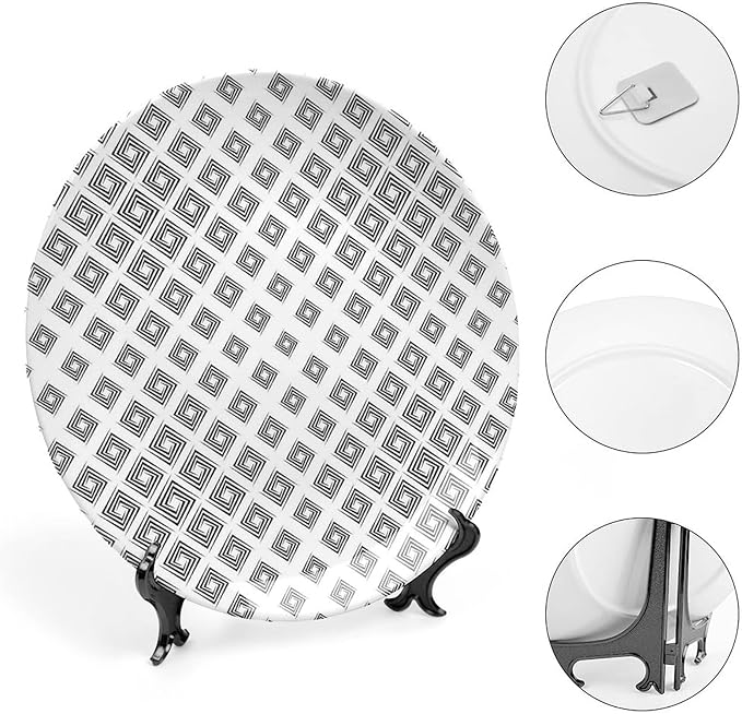 Decorative Plates, Abstract Print Ornament, Minimalist Geometric Diamond Shaped Square Lines, 6 Inch, Kitchen Wall Decor, Black White