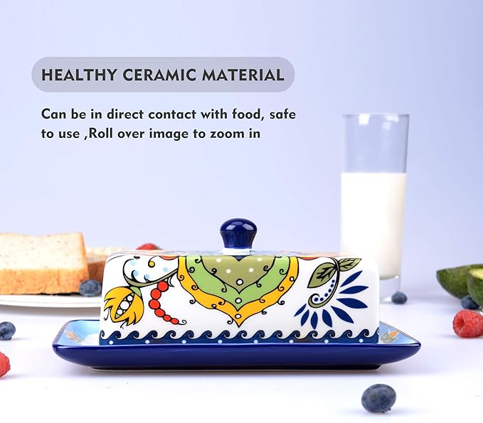 NAGU Hand Drawn Ceramic Butter Dish with Lid, Farmhouse Butter Plate Tray with Cover, Vintage Cheese Container Holder for Kitchen Countertop, Decorative Colored Country Style Home Butter Keeper Saver