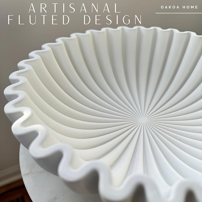 OAKOA Concrete Decorative Bowl - White Large Decorative Bowls for Home Decor - Coffee Table Bowl Decor - Scalloped Ruffle Centerpiece Bowl