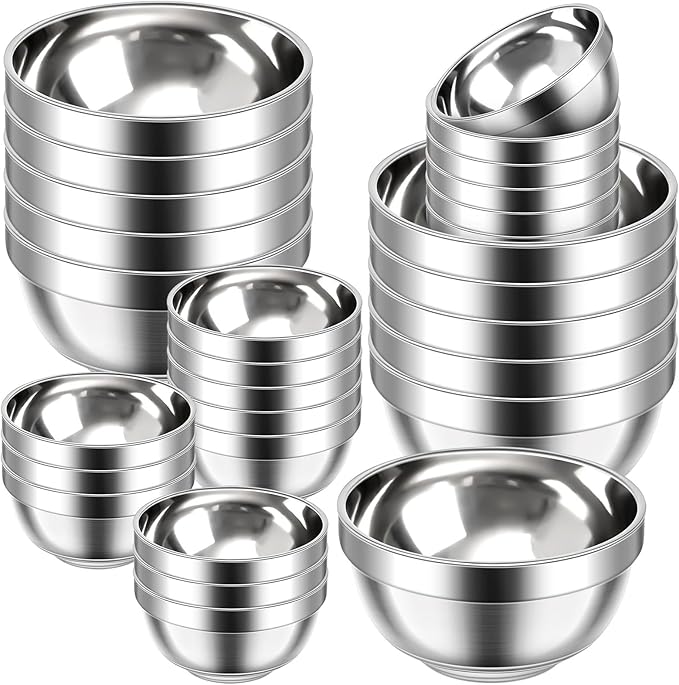 Mimorou 20 Pack 304 Stainless Steel Bowls Set 13 oz 34 oz Metal Double Walled Insulated Snack Mixing Lightweight Multipurpose Toddler Dinner Bowls for Ice Cream, Cereal, Snack