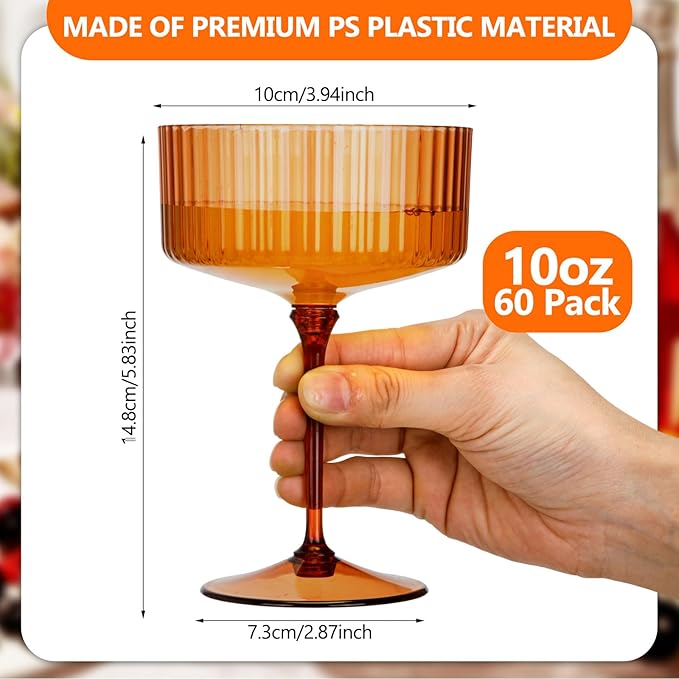 60 Pcs Ribbed Martini Glasses 10 oz Disposable Plastic Vintage Ribbed Coupe Glasses Unbreakable Dessert Parfait Glassware for Wedding Birthday Party Supplies (Classic Color)