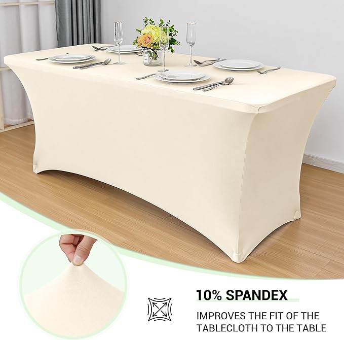 Obstal 6 Pack Stretch Spandex Table Covers for 8 Foot Tables - 8 FT Universal Rectangular Fitted Tablecloth Protector for Wedding, Banquet, Party (Cream, 96 Length x 30 Width x 30 Height Inches)